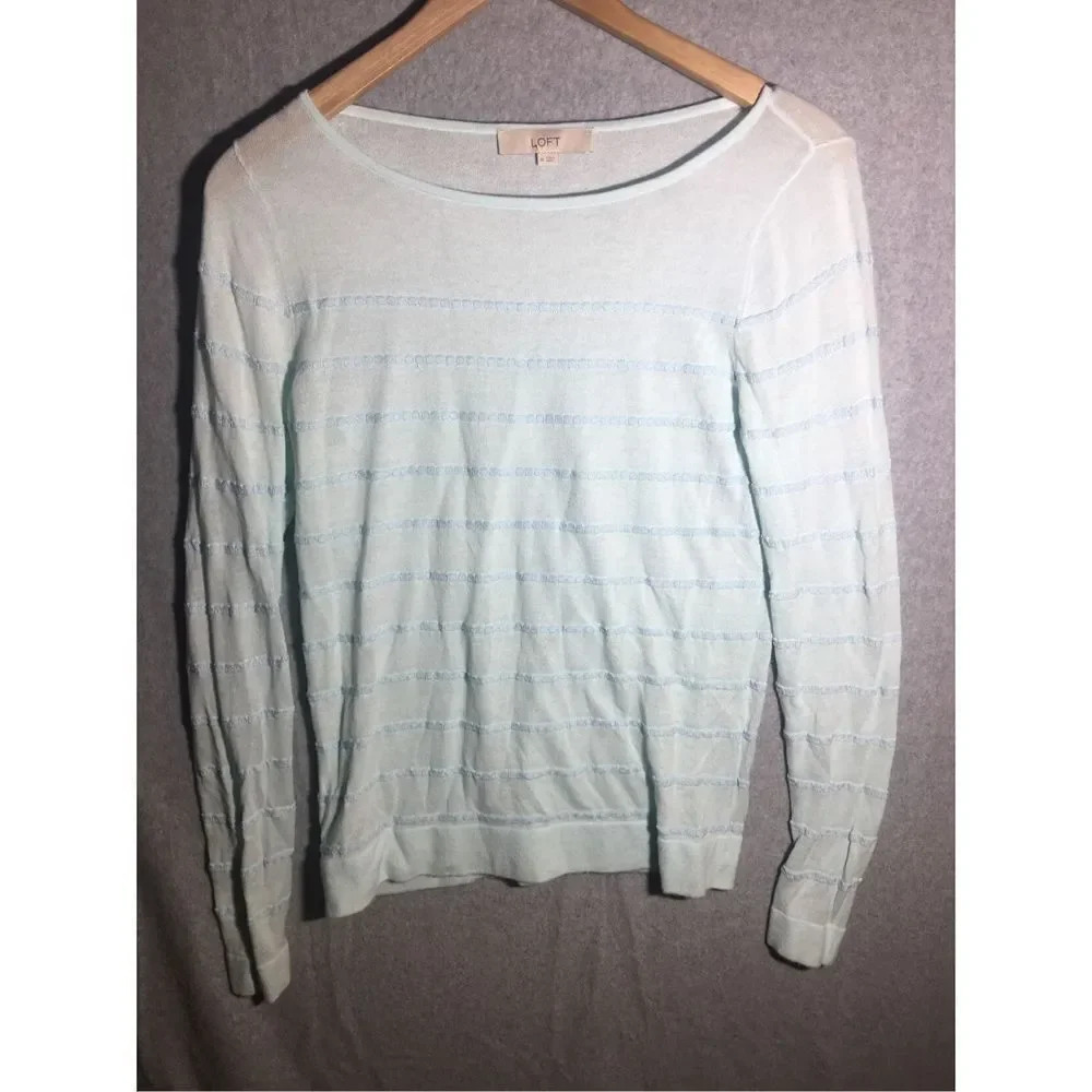 Womens Loft Shirt Striped Baby Blue Wide Scoop Neck Casual Long Sleeve